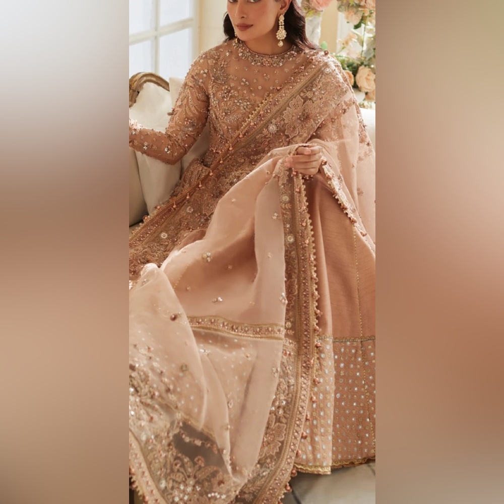 Embellished Beige Dress net embroidered lengha kurti bust 36/37 light chocolate